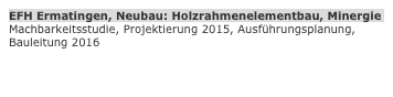 EFH Ermatingen, Neubau: Holzrahmenelementbau, Minergie
Machbarkeitsstudie, Projektierung 2015, Ausführungsplanung, Bauleitung 2016
