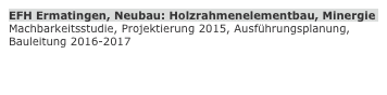 EFH Ermatingen, Neubau: Holzrahmenelementbau, Minergie
Machbarkeitsstudie, Projektierung 2015, Ausführungsplanung, Bauleitung 2016-2017
